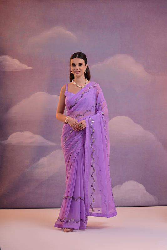 Lavender Georgette Saree with Sequin Wave Border – Elegant Pastel Partywear
