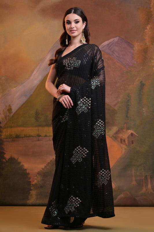 Elegant Black Georgette Saree with Mirror & Sequin Embellishments – Festive Glam Look