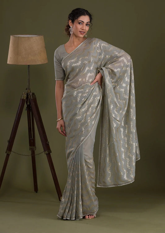 Gray Pleated Georgette Saree with Subtle Golden Zigzag Pattern Minimalist Partywear Saree