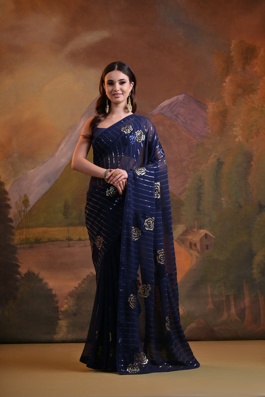Navy Blue Sequin Embellished Saree with Floral Motifs – Glamorous Evening Wear
