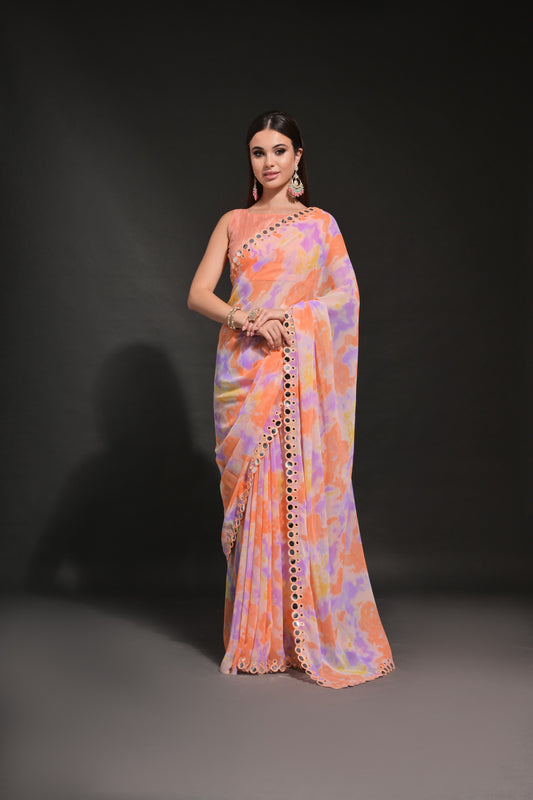 Peach-Orange Tie-Dye Georgette Saree with Mirror Cutdana Border