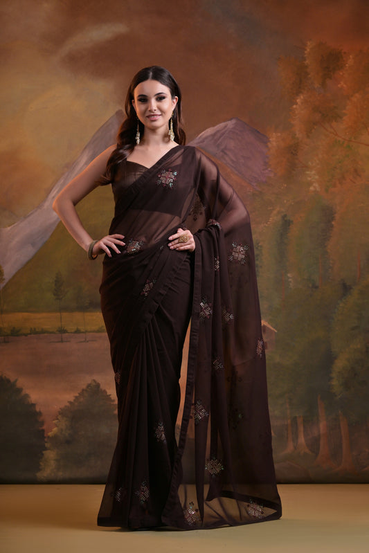 Elegant Coffee Brown Georgette Saree with Embellished Motifs