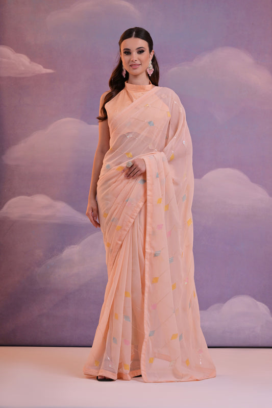 Peach Georgette Saree with Multicolor Kite Motifs – Contemporary Festive Charm
