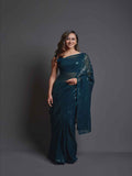 Midnight Noir Teal Blue Sequin Georgette Saree For Women