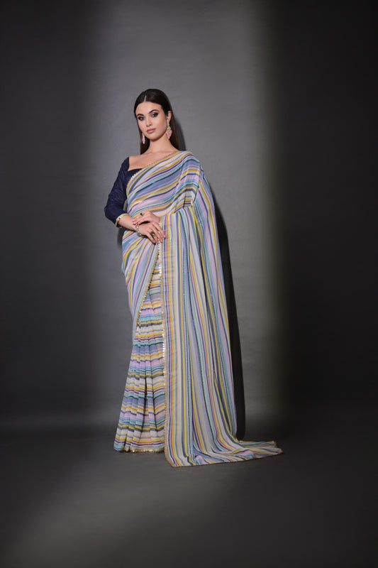 Multicolor Pastel Striped Saree with Subtle Gold Border Elegant Daily & Festive Wear