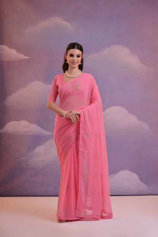 Baby Pink Georgette Saree with Subtle Circular Embroidery – Elegant Daytime Charm