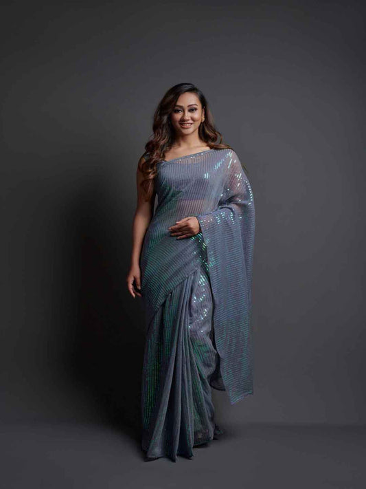Midnight Noir Grey Sequin Georgette Saree For Women