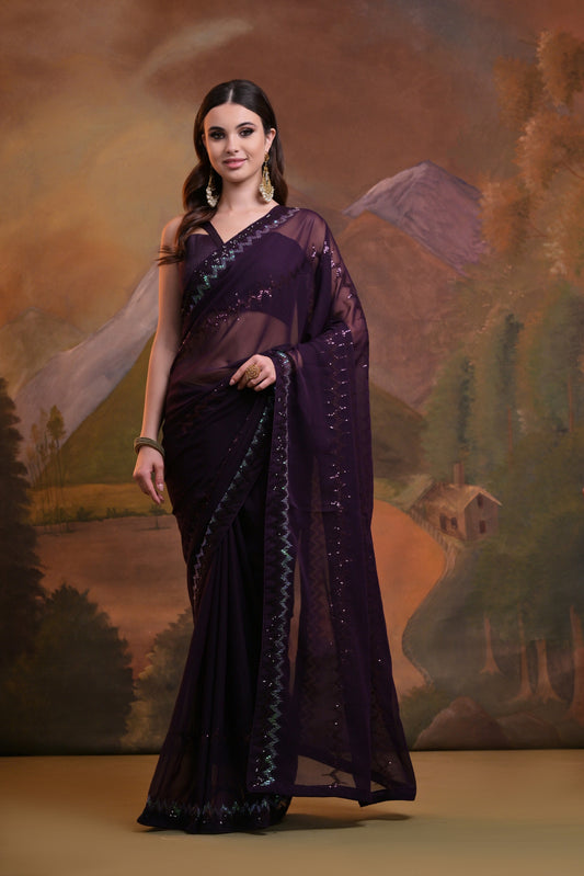 Deep Purple Sequin Border Georgette Saree – Regal Evening Elegance