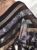 Black Sequin Striped Georgette Saree Glamorous Party & Evening Wear Saree
