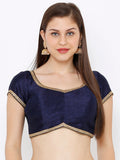 Navy Blue Embellished V-Neck Readymade Saree Blouse (Short Sleeve)