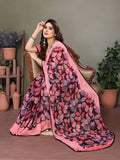 Glanzavi Pink & Black Leaf Print Saree with Designer Blouse – Elegant Party Wear