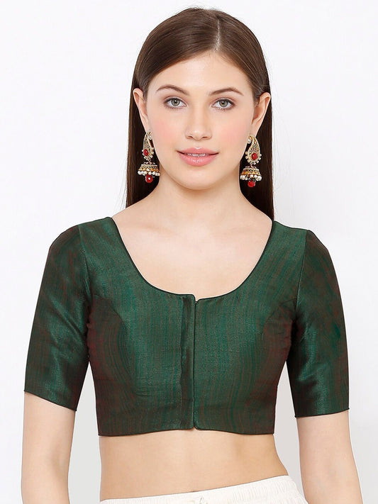 Green Scoop Neck Elbow Sleeve Readymade Saree Blouse