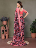 Glanzavi Pink & Black Leaf Print Saree with Designer Blouse – Elegant Party Wear