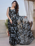 Black Floral Leaf Print Georgette Saree | Lightweight Soft Designer Party Wear Saree | Ethnic Festive & Casual Printed Saree