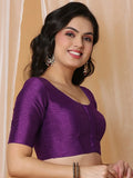 Wine Boat Neck Elbow Sleeve Readymade Saree Blouse in Silk Blend