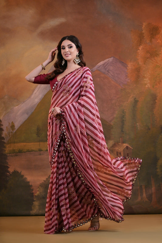 Maroon & Pink Striped Saree with Mirror and Sequin Embellishments
