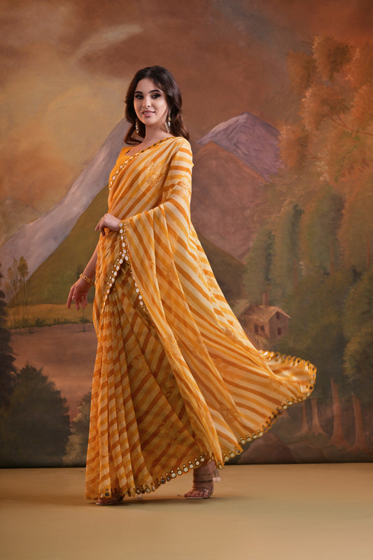 Sunshine Yellow Striped Saree with Mirror Border & Sequin Embellishments