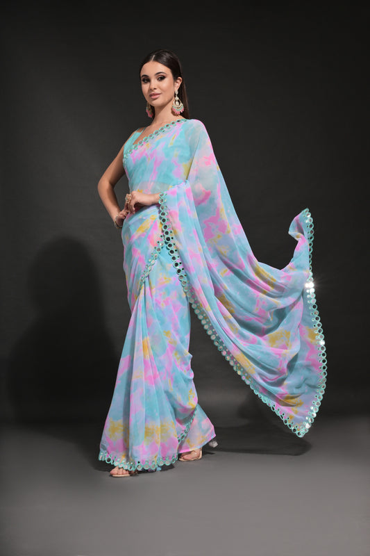 FIROZI-RAMA Pastel Tie-Dye Georgette Saree with Mirror Work Border