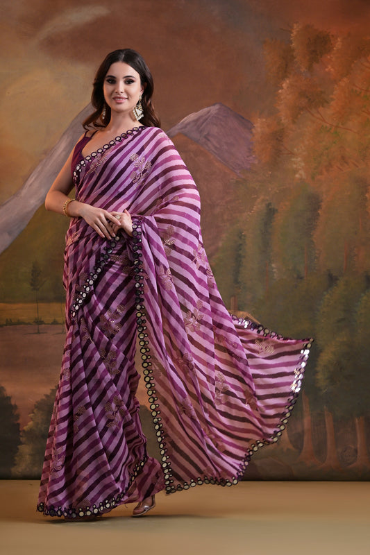 Wine & Lavender Striped Saree with Mirror Border and Floral Sequin Work