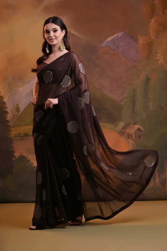 Elegant Brown Sheer Saree with Multicolor Circular Embroidery
