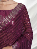 Solid Wine Sequin Georgette Saree with Gold Lace Border For Women