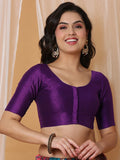 Wine Boat Neck Elbow Sleeve Readymade Saree Blouse in Silk Blend