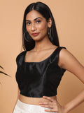 Black Sleeveless Square Neck Readymade Saree Blouse with Silver Lace
