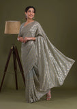 Gray Pleated Georgette Saree with Subtle Golden Zigzag Pattern Minimalist Partywear Saree