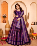 Purple Silk Lehenga Choli Set for Women, Banarasi Half Saree Lehenga with Dupatta