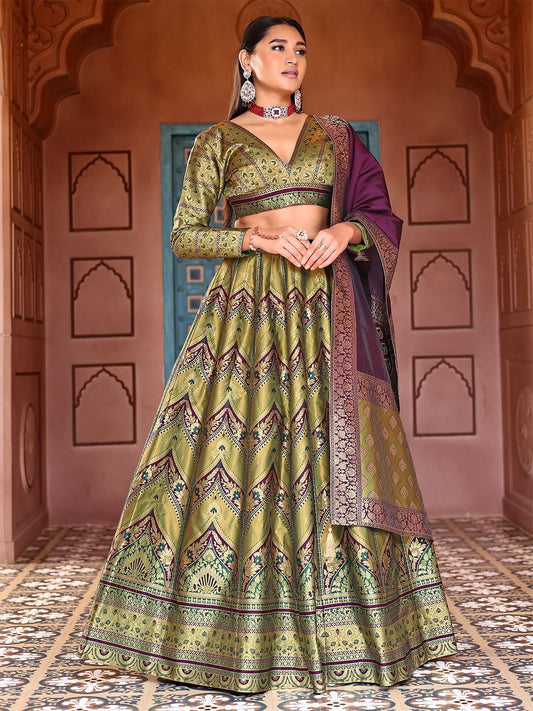 Royal Olive Green & Maroon Banarasi Silk Lehenga Set with Zari Weaving