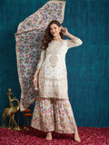 Ivory Floral Embroidered Kurta Palazzo Set with Dupatta