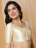 Beige Boat Neck Elbow Sleeve Readymade Saree Blouse in Silk Blend
