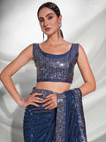 Royal Dusk Teal Blue Sequin Georgette Saree with Silver Lace Border
