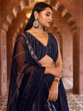 Anika Navy Blue Printed Lehenga Set with Knot Blouse and Dupatta