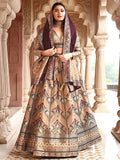 Zayna Beige & Maroon Banarasi Silk Lehenga Set with Antique Zari Detailing