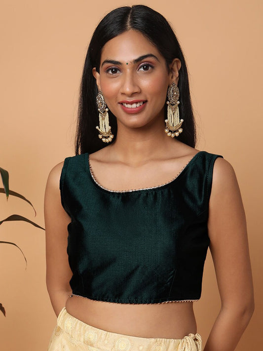 Green Sleeveless Square Neck Readymade Saree Blouse with Silver Lace