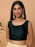 Green Sleeveless Square Neck Readymade Saree Blouse with Silver Lace