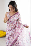 White & Multi Printed Saree with Scalloped Embellished Border