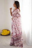 White & Multi Printed Saree with Scalloped Embellished Border