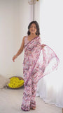 White & Multi Printed Saree with Scalloped Embellished Border