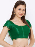 Green Gold-Trim Round Neck Readymade Saree Blouse (Short Sleeve)