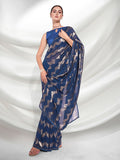 Petrol Blue Pleated Georgette Saree with Metallic Zigzag Weave Contemporary Partywear