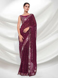 Solid Wine Sequin Georgette Saree with Gold Lace Border For Women