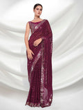 Solid Wine Sequin Georgette Saree with Gold Lace Border For Women