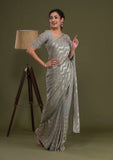Gray Pleated Georgette Saree with Subtle Golden Zigzag Pattern Minimalist Partywear Saree