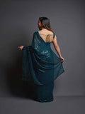Midnight Noir Teal Blue Sequin Georgette Saree For Women