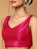 Hot Pink V-Neck Sleeveless Readymade Saree Blouse in Silk Blend