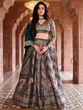 Aarvi Dusty Mauve & Bottle Green Banarasi Silk Lehenga Set with Zari Woven Patterns