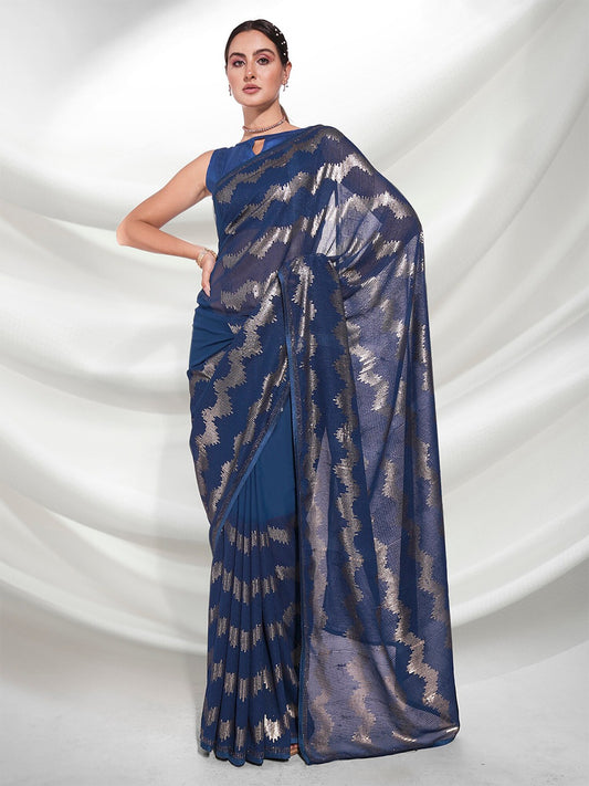 Petrol Blue Pleated Georgette Saree with Metallic Zigzag Weave Contemporary Partywear