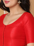 Red Boat Neck Elbow Sleeve Readymade Saree Blouse in Silk Blend